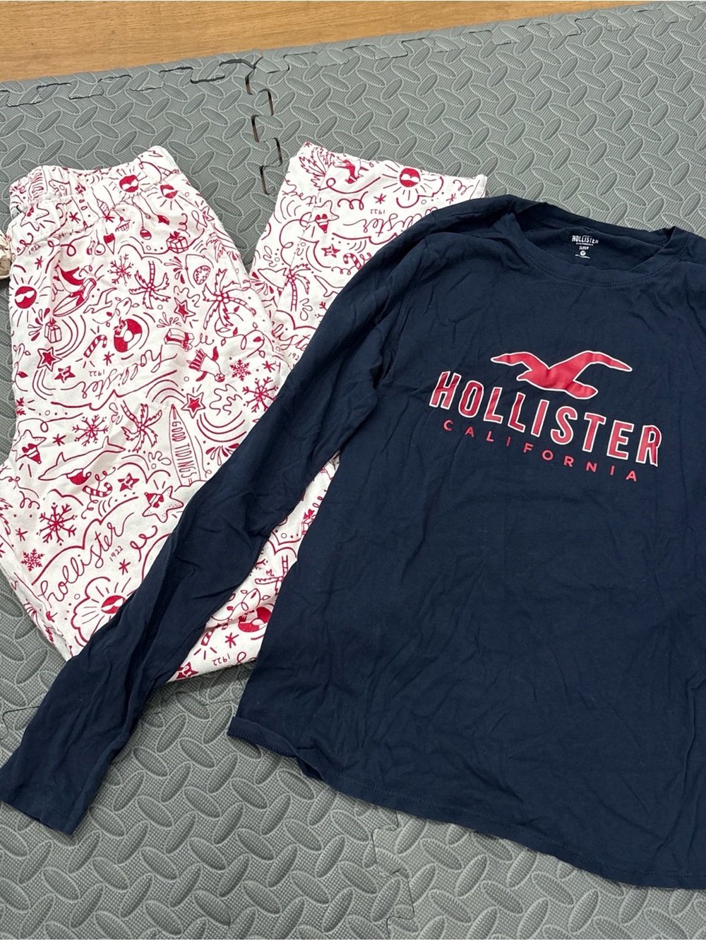 Hollister Navy Long-Sleeve Logo Top with White & Red Printed Pajama Pants